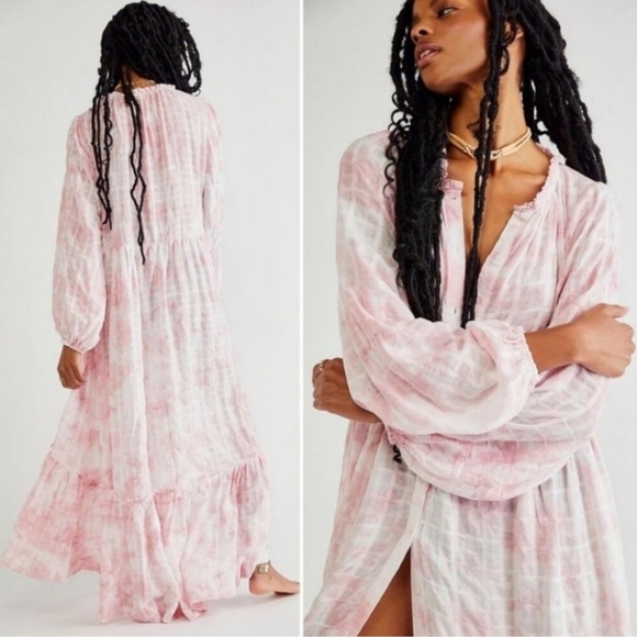 Free People Edie Maxi Dress LS Button Front Tiered Pleated Washed Rose XS NWT - Picture 6 of 16